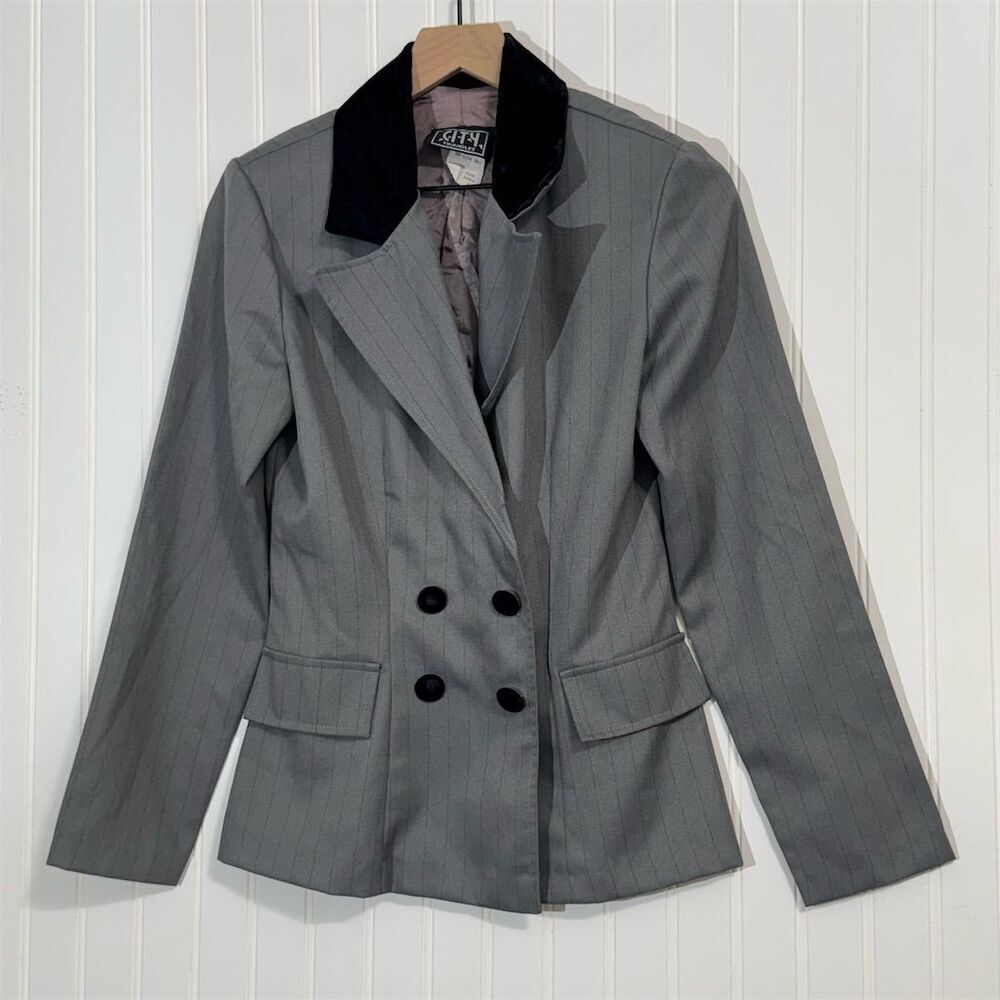 Vintage City Triangles Blazer Women’s 5 Gray Pinstripe Velvet Collar 80s 90s USA